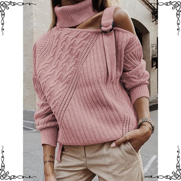 Rose Pink Cold Shoulder Knit Sweater Bke People Turtleneck Jumper Buckle Free L - Picture 5 of 6